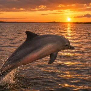 Een grijze dolfijn met een roze buik springt elegant omhoog uit het water van de Surinamerivier.
