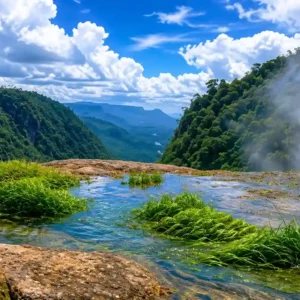 Uitzicht vanaf de top van een gigantische waterval in dicht regenwoud