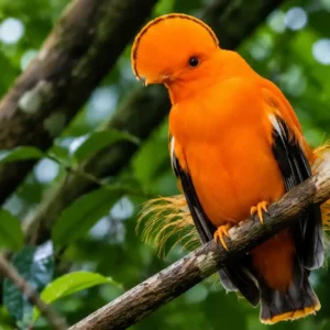 Een feloranje mannelijke Oranje Rotshaan met zijn kenmerkende waaiervormige kuif zit op een boomtak in het oerwoud.
