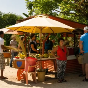Toeristen bij een overdekt fruitkraampje