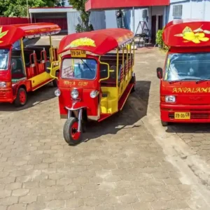 Drie rode toeristische tuk-tuks geparkeerd